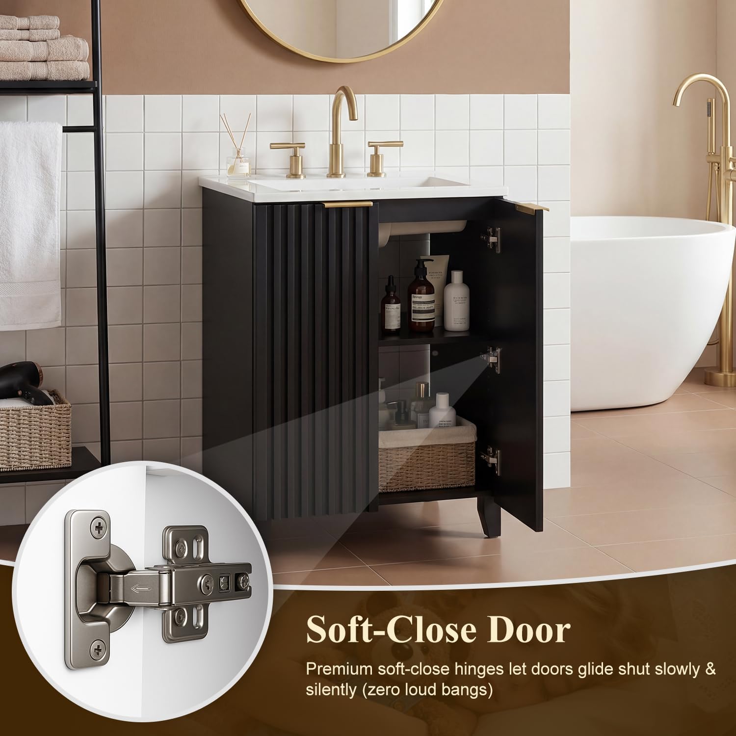 24 Inch Bathroom Vanity with Sink, Freestanding Bathroom Sink Cabinet with Soft-Close Doors, Fluted Design Modern Vanity Combo Set for Small restroom