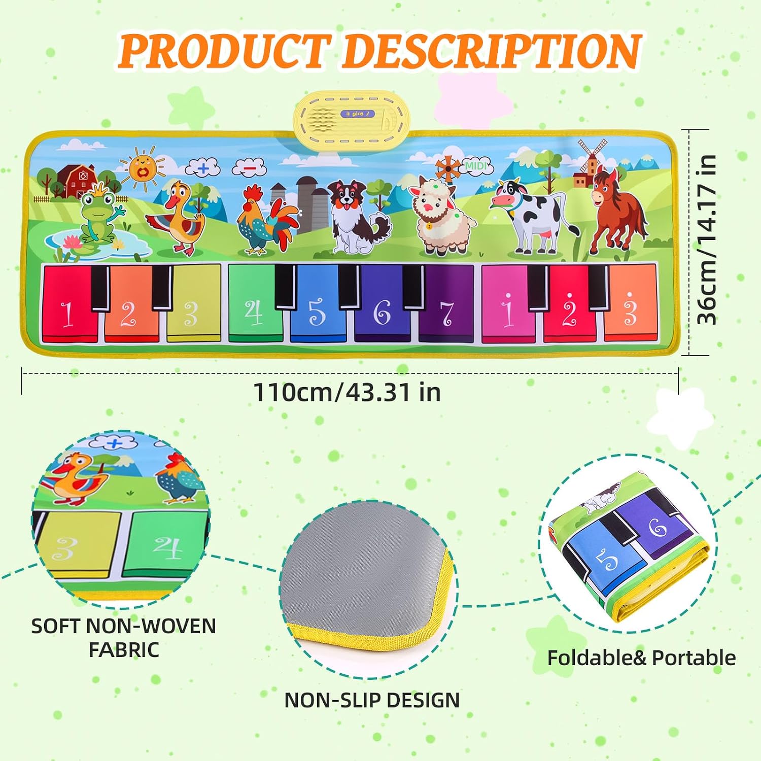 Floor Piano Mat for Kids,Musical PlayMat Toys,Sensory Educational Music Dancing Carpet,Touch Blanket With Animal Sounds,Farm Interactive Keyboard,Christmas Festival Birthday Learning Gift For girl boy