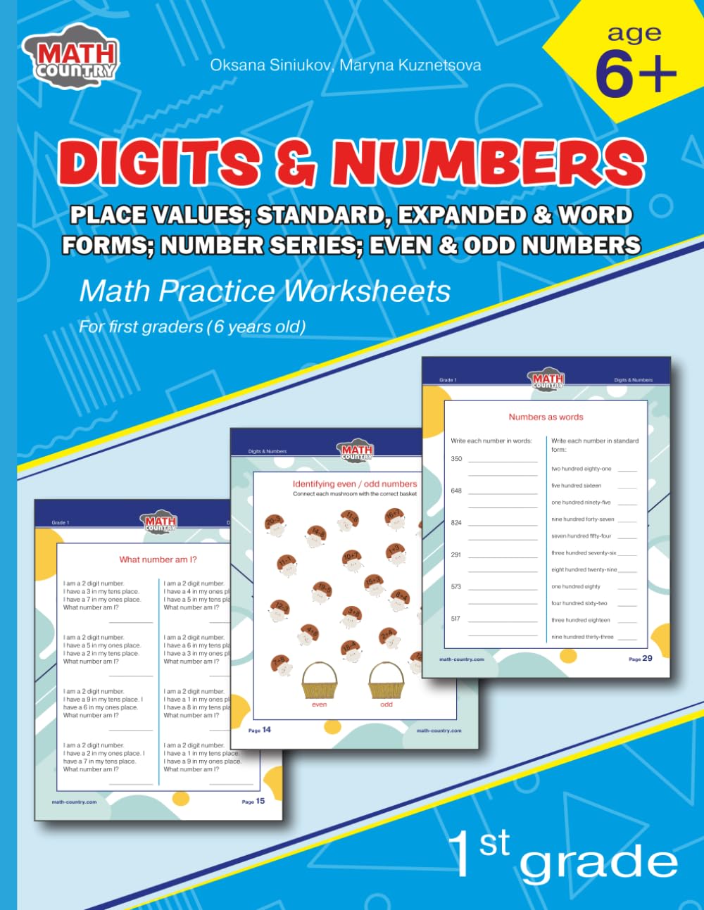 Digits and numbers: place values; standard, expanded and word forms; number series; even and odd numbers: Math practice worksheets for 1-st graders (6 years old) (Workbook Math 1st Grade)