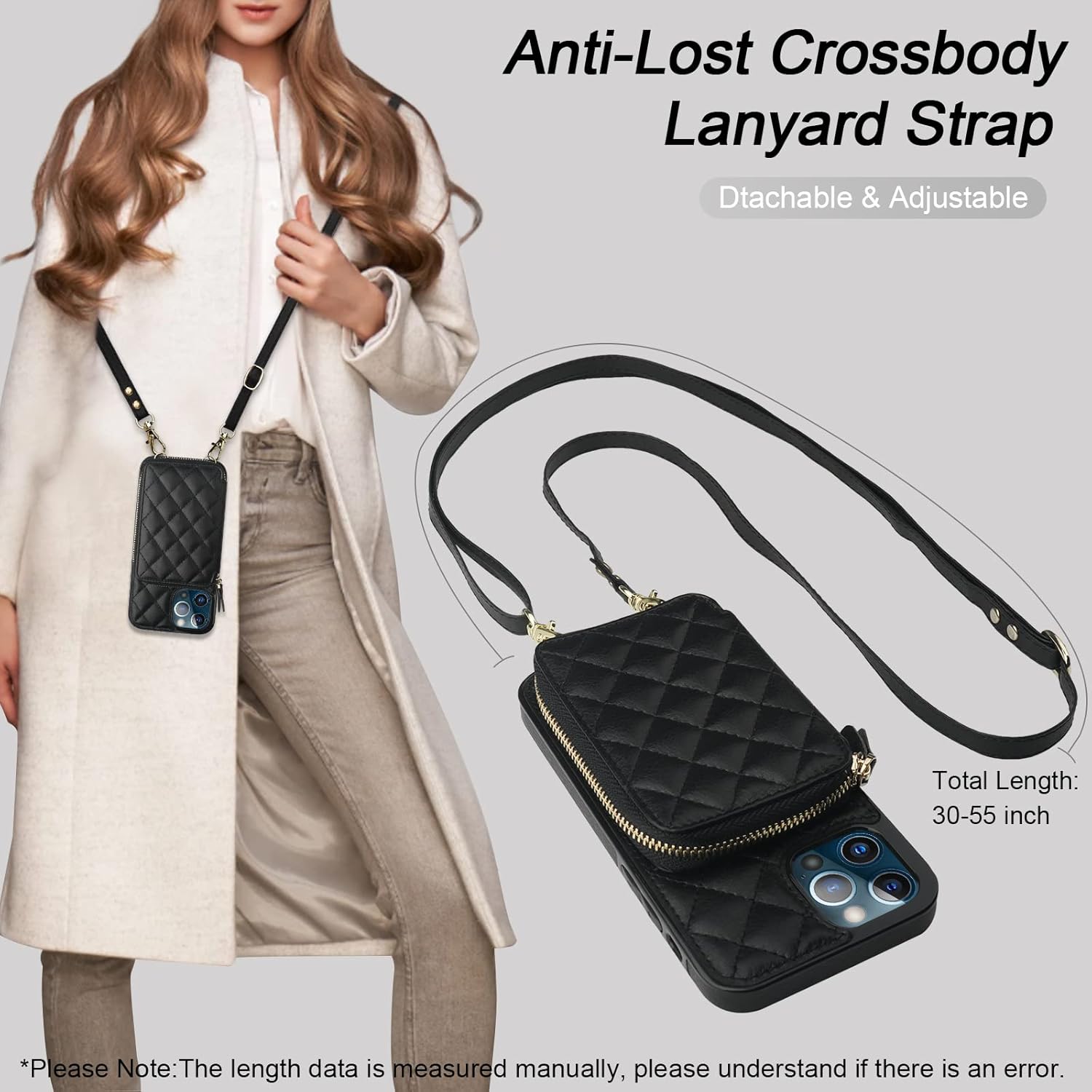 Bocasal Crossbody Wallet Case for iPhone 13 Pro, RFID Blocking PU Leather Zipper Handbag Purse Flip Cover, Kickstand Folio Case with Card Slots Holder Wrist Strap Lanyard 5G 6.1 Inch (Black) - Image 6