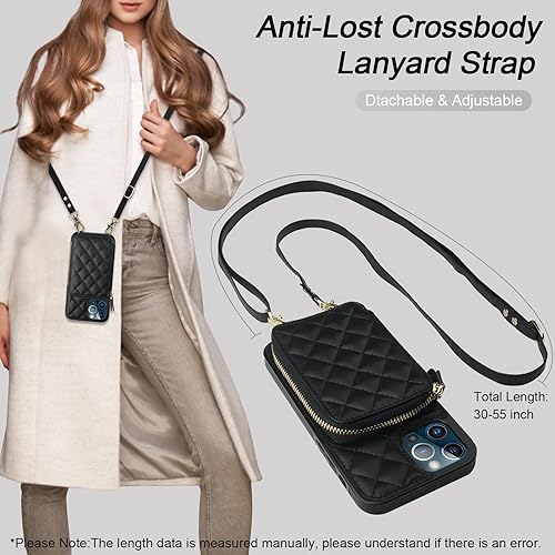 Miniatura 6 de Bocasal Funda tipo cartera cruzada para iPhone 13 Pro Max, con bloqueo RFID, de piel sintética, con cremallera, funda tipo cartera con función atril