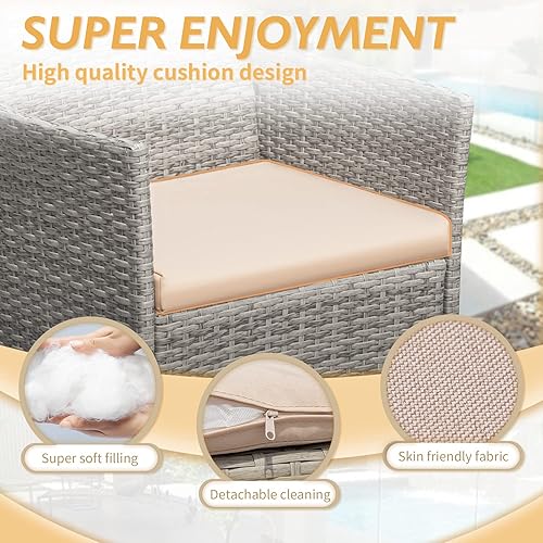 Miniatura 4 de Greesum Juego de muebles de patio de 3 piezas para exteriores, sillas de mimbre de ratán PE con cojín suave y mesa de centro de cristal para jardín