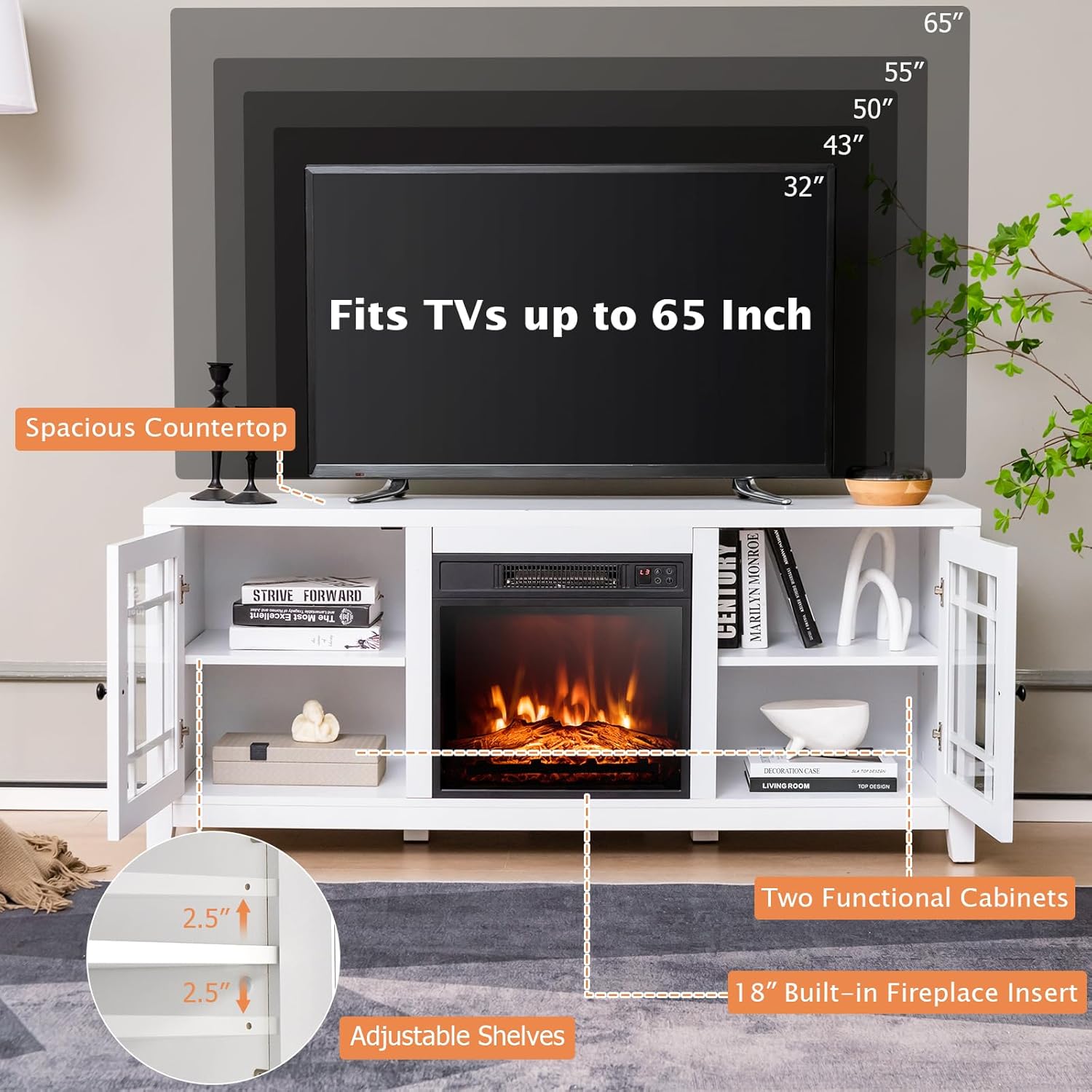 GOFLAME 58" Fireplace TV Stand for TVs up to 65 Inches, Wooden TV Console with 18” Electric Fireplace Insert, Fireplace TV Cabinet, Entertainment Center with Remote Control, Adjustable Shelves, White