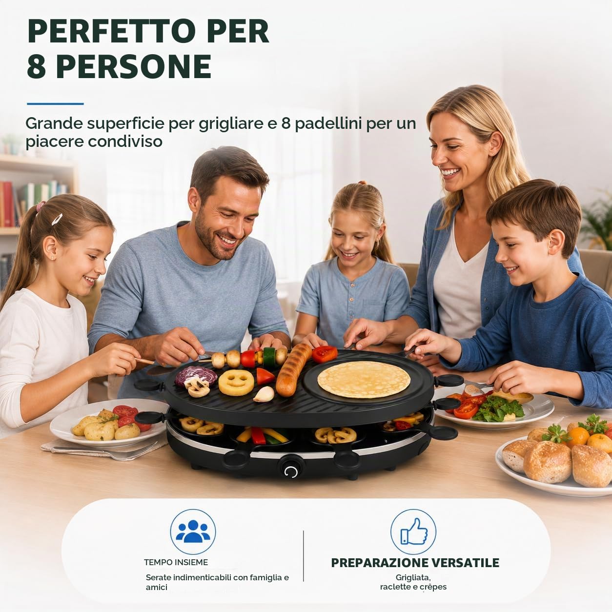 Set per raclette per 8 persone, ovale, con funzione crepe, grill da tavolo con padelle e raschietto, rotondo (TK49304)