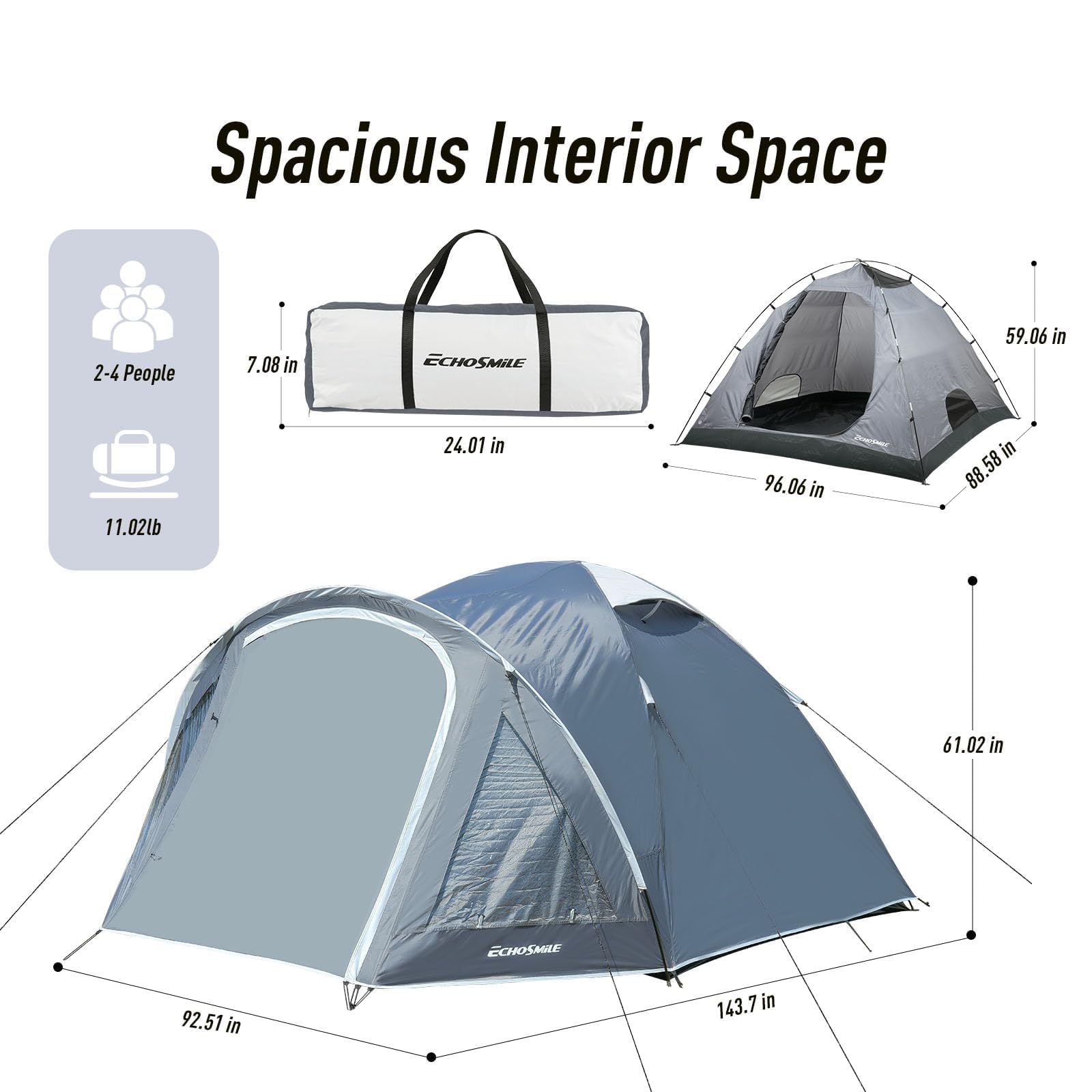 EchoSmile Tienda de campaña para 2-3 personas, tienda de campaña impermeable con vestíbulo, ultraligera, fácil de instalar para acampar al aire libre, 3 estaciones
