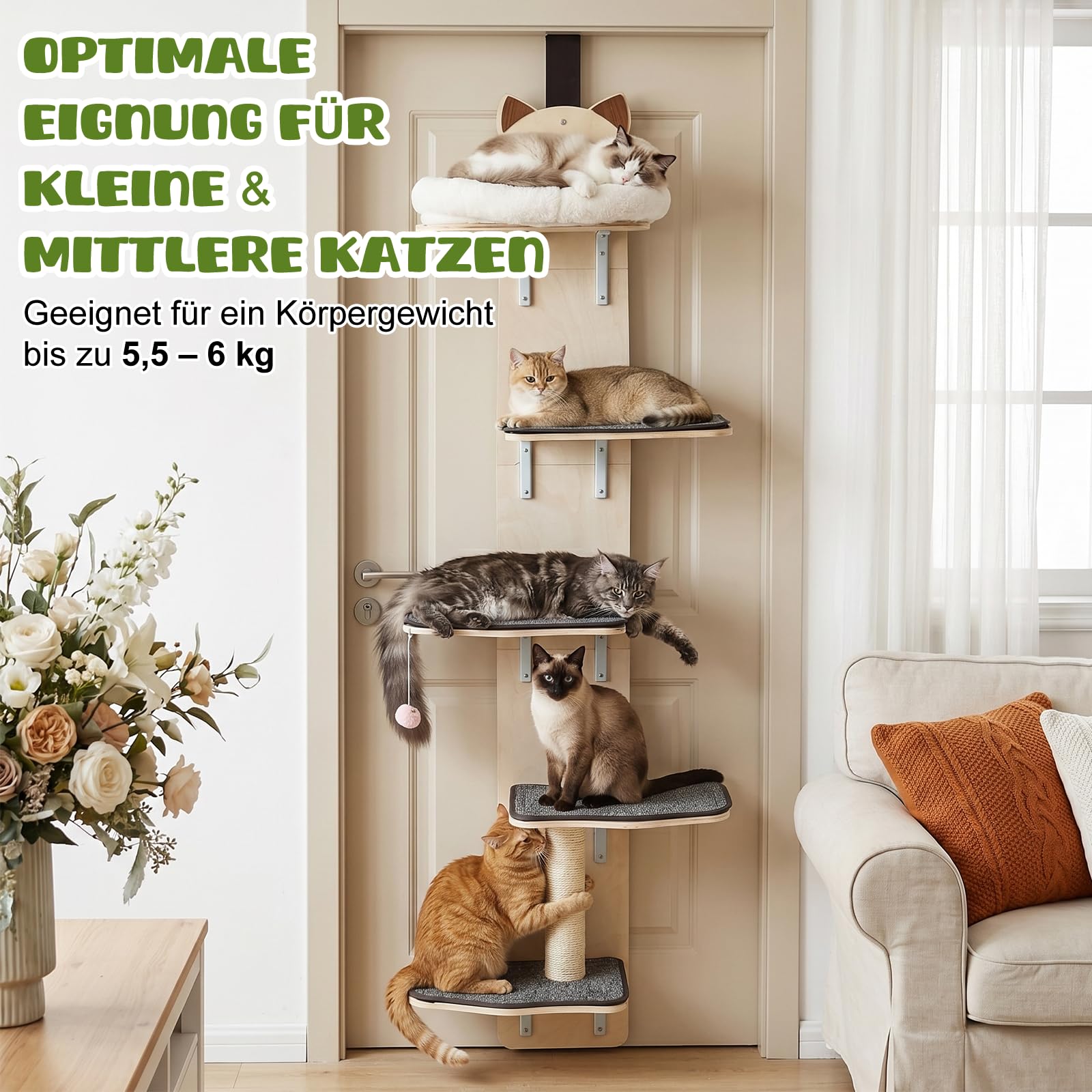 5‑stufiger Tür‑Kletterbaum für Katzen – Vertikaler Katzenbaum mit vollflächig textilbezogenen Plattformen und Kratzbaum für kleine bis mittelgroße Katzen