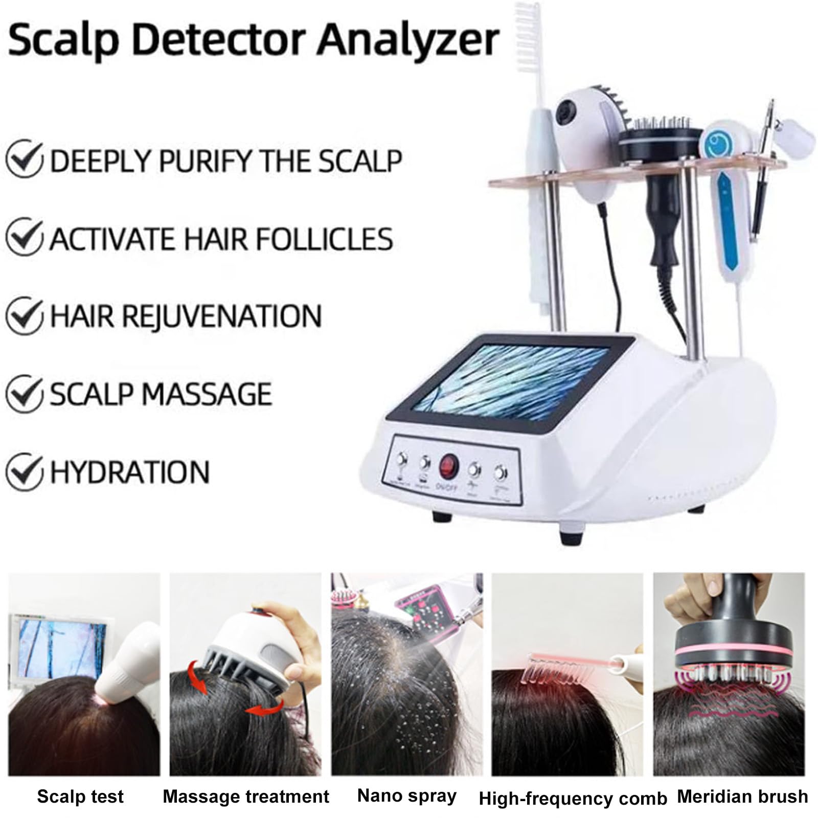 TYH Haarfollikel-Analysegerät, Haut-Kopfhaut-Detektor mit 5 Griffen, LCD-Bildschirm, Gesichtshautdiagnose für Salon Spa