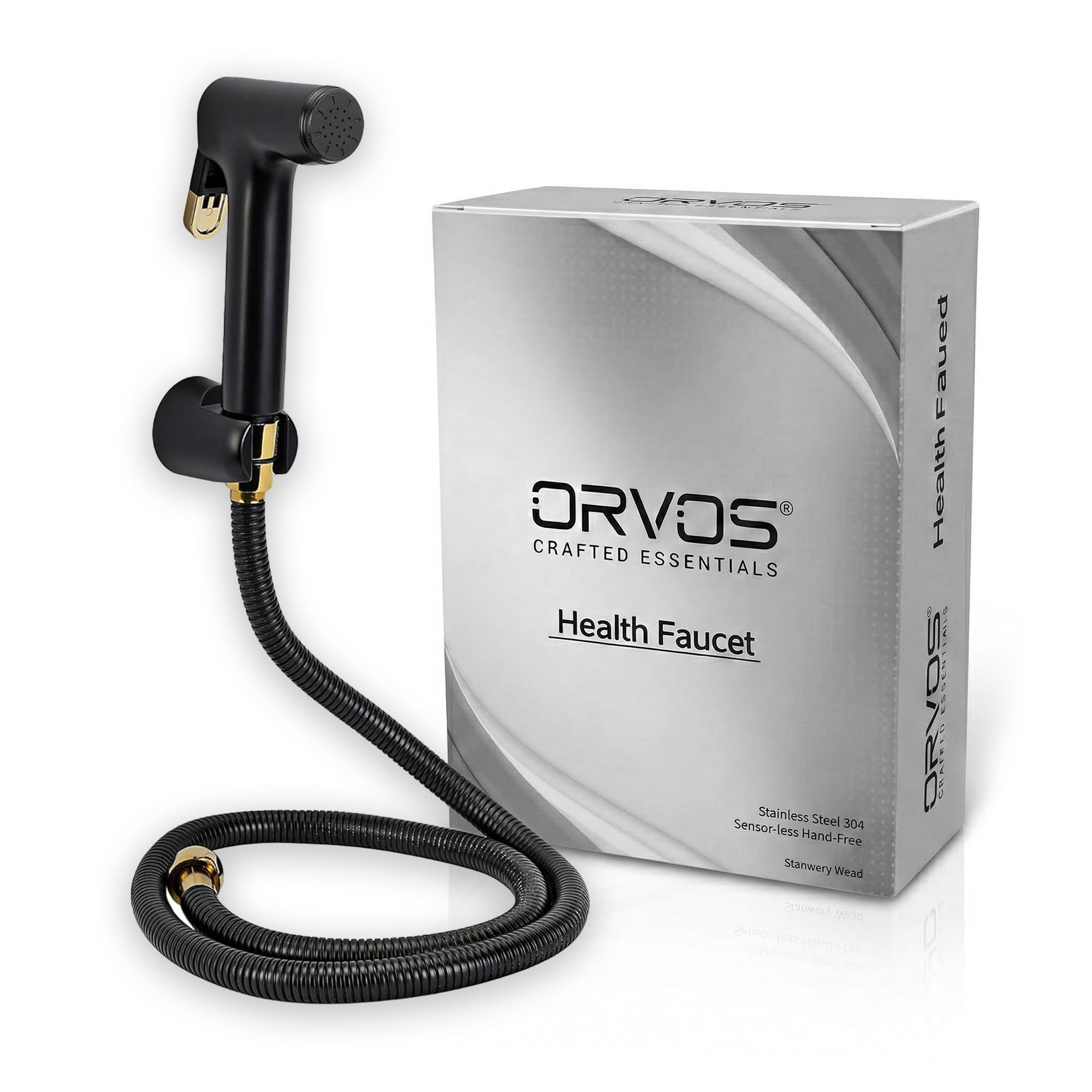 Orvos Health Faucet, Golden Black, ABS Outer Body with brass insert, with 1.25 meter flexible stainless steel shower hose and wall hook, Jet Spray for high end luxury toilets