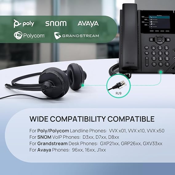 Yealink Phone Headsets for Office Phones YHS34 QD to RJ9 Wired Headset | Leather ear pads,Compatible with Poly Snom Grandstream Phones Desk Landline Headset with Microphone -Mono/72g/2.1m Cable