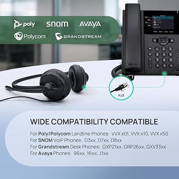 Yealink Phone Headsets for Office Phones YHS34 QD to RJ9 Wired Headset | Leather ear pads,Compatible with Poly Snom Grandstream Phones Desk Landline Headset with Microphone -Mono/72g/2.1m Cable