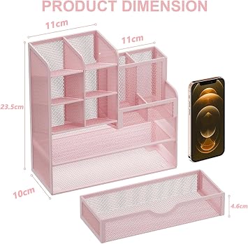 Marbrasse Mesh Desk Organiser,Stationary Organiser,Multifunctional Pen Holder,Desktop Storage and Drawer for Home Office(Pink)