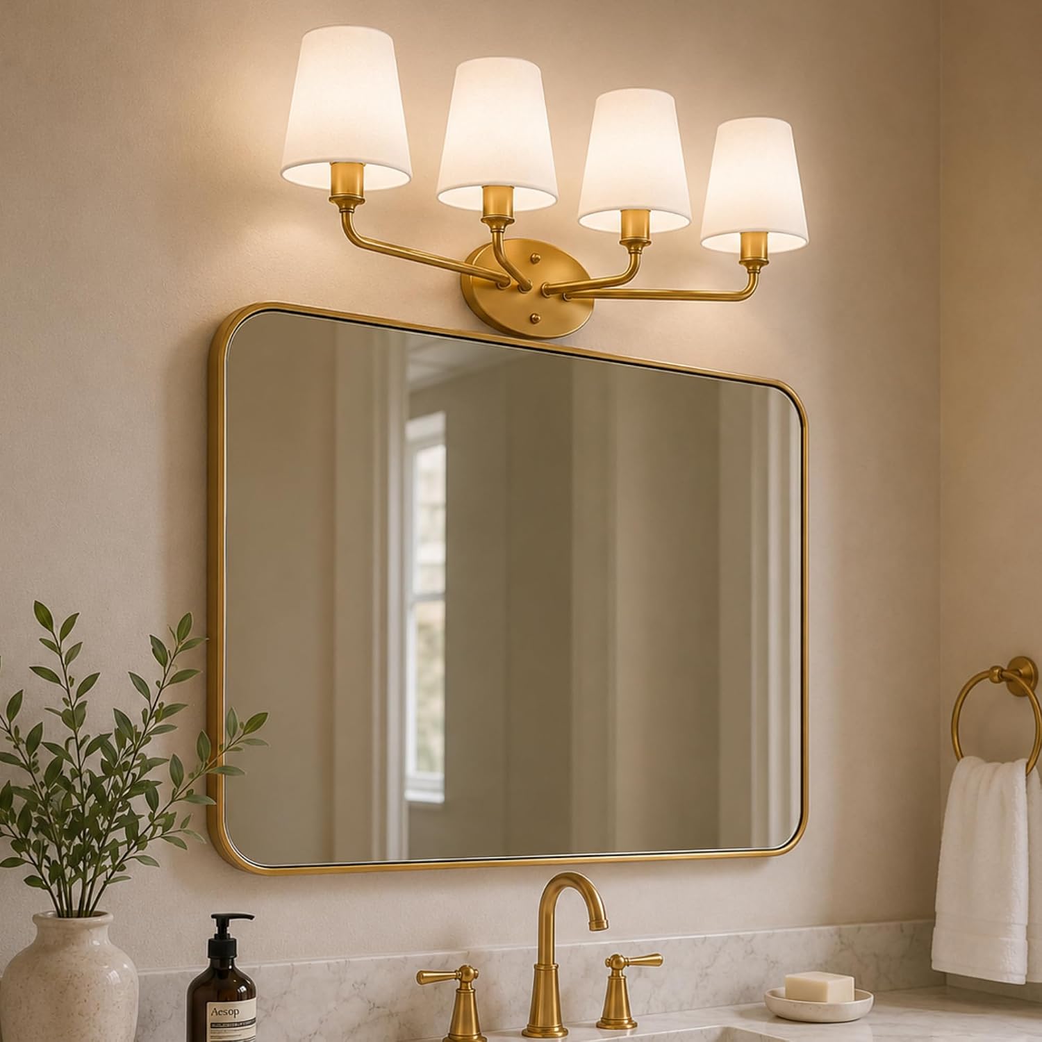 Emak 4-Light Bathroom Vanity Light, 29 Inch Black Bathroom Light Fixtures with Flared White Fabric Shade, Modern Farmhouse Wall Sconce for Bath, Hallway, Bedroom, VL132-BK-WF-4