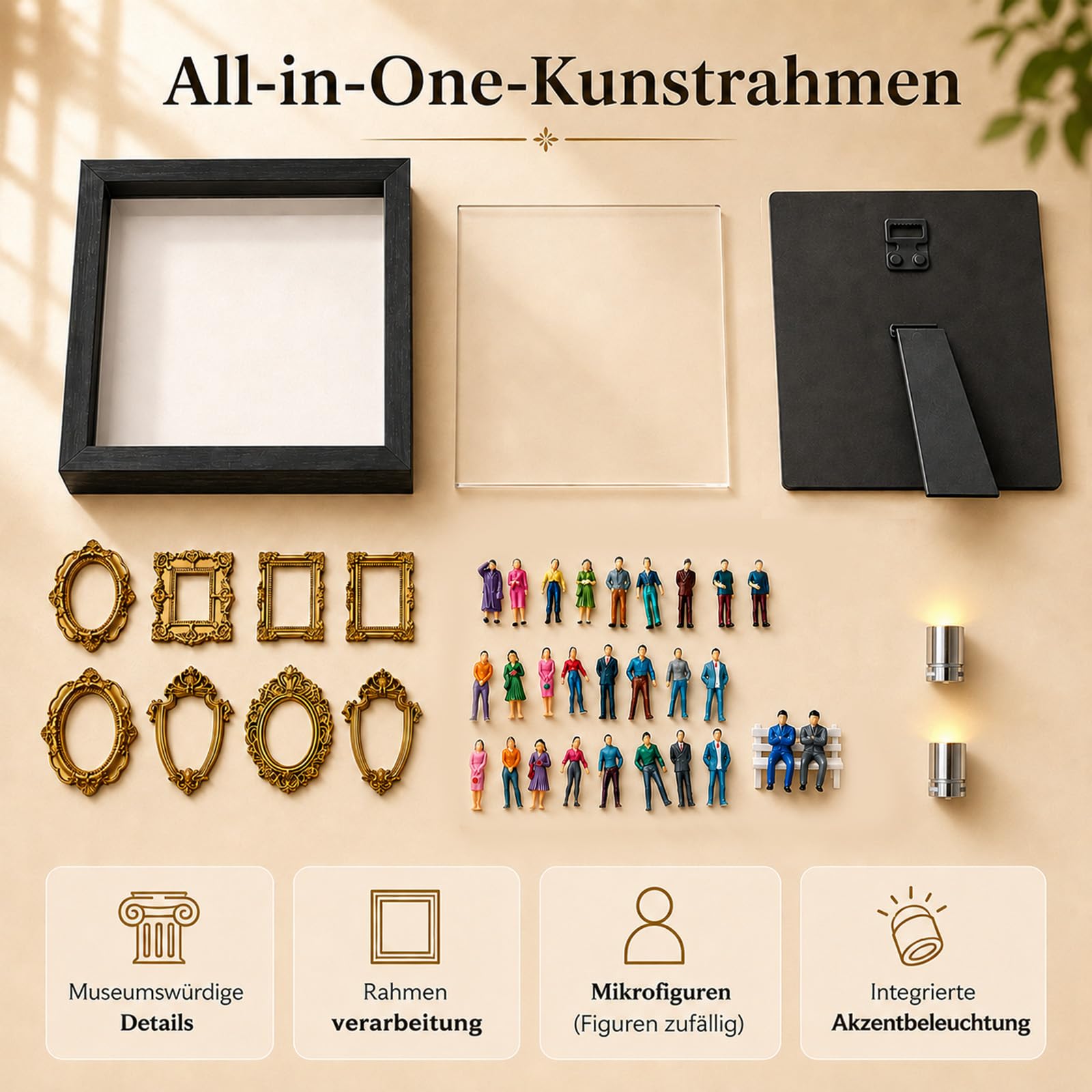 DIY Mini Museum Silhouette Box Set mit LED Licht – 8 Goldene Rahmen & 8 Figuren, Museum of Us, Mini Bilderrahmen Vintage, Miniatur Bilderrahmen für Geschenk,Idee für Jahrestag Geschenke Freunde