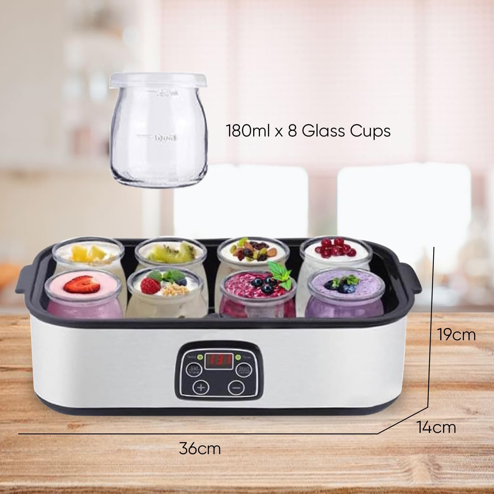 Generico Yogurtiera Automatica 1400ml con 8 Vasetti in Vetro da 180ml Controllo Temperatura e Tempo Regolabile Display LCD per Yogurt Probiotico Casalingo
