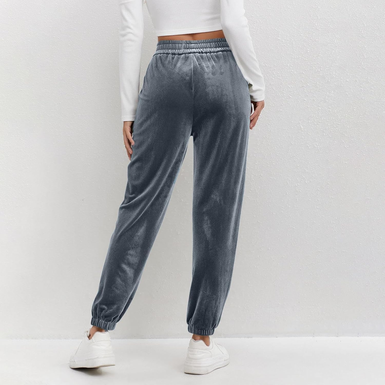 Velvet Pants for Women with Pockets Soft Dressy Casual Elastic High Waist Velour Lounge Sweatpants Formal Slacks