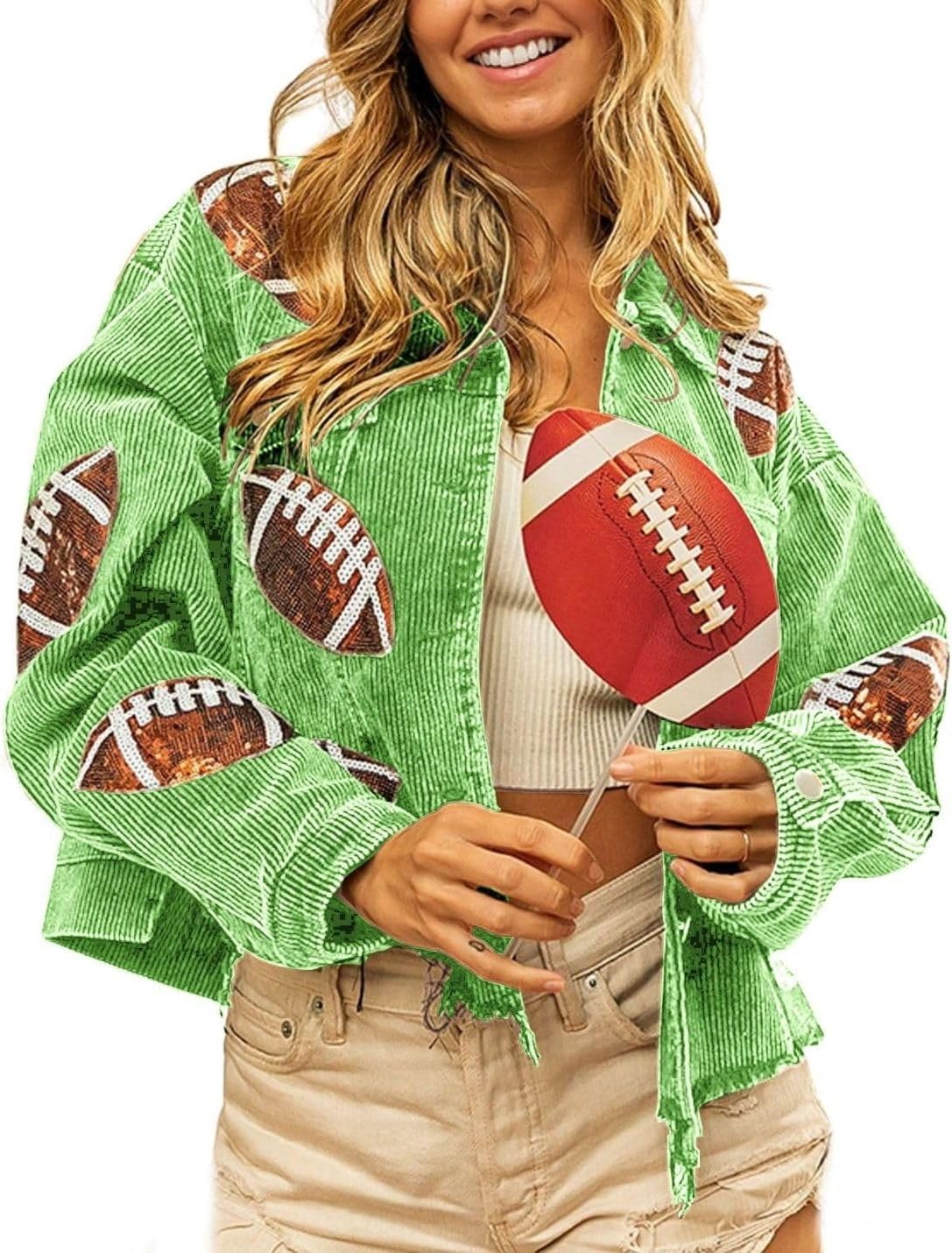 happlan Football Sequin Embroidery Rugby Cropped Frayed Hem Vintage Washed Corduroy Jacket Coat Shacket for Women