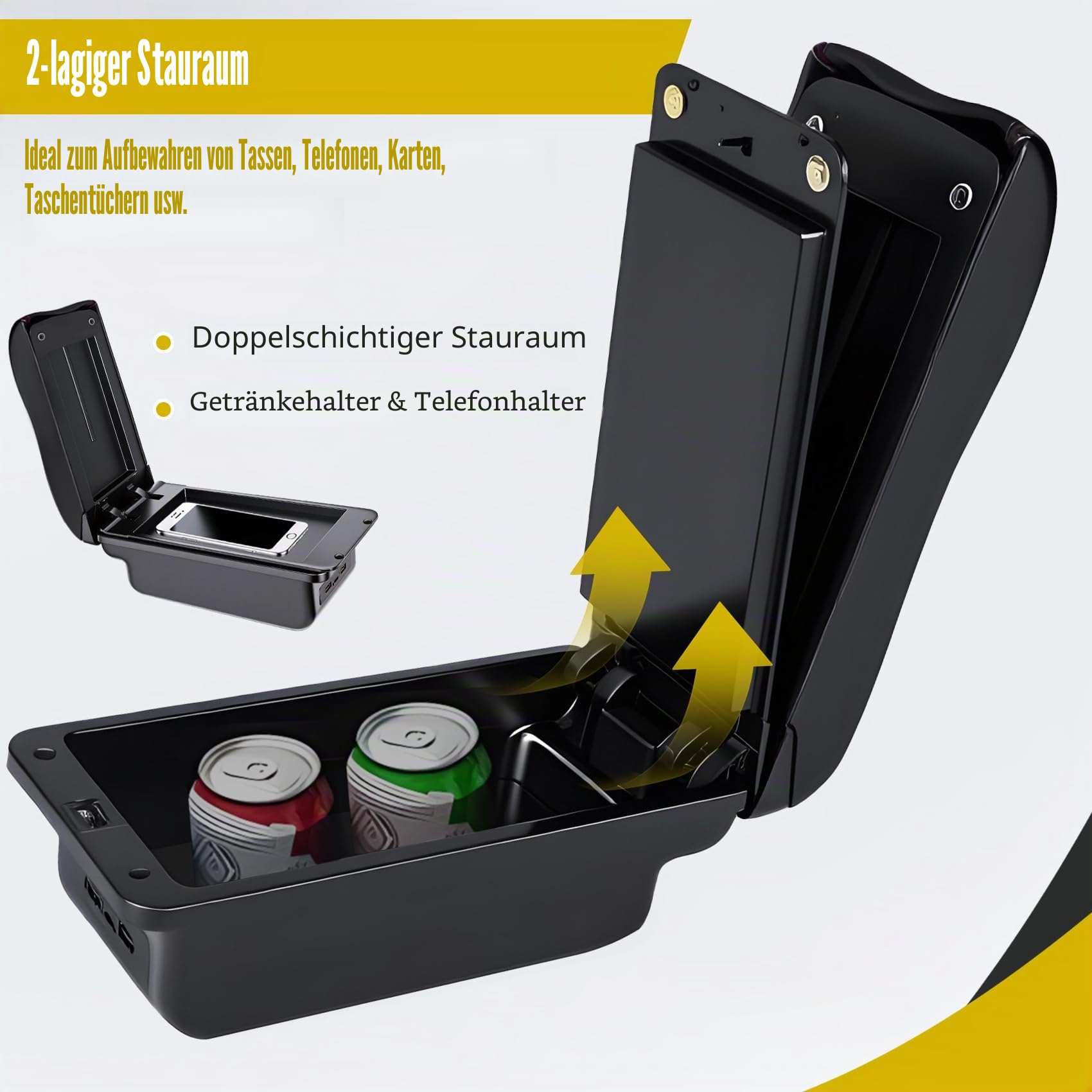 Auto Armlehne compatible with Peugeot 2008/208 Armlehnen 2019-2024 Armstütze Armauflage Zentraler Staukasten Schwarz mit weißen Nähten