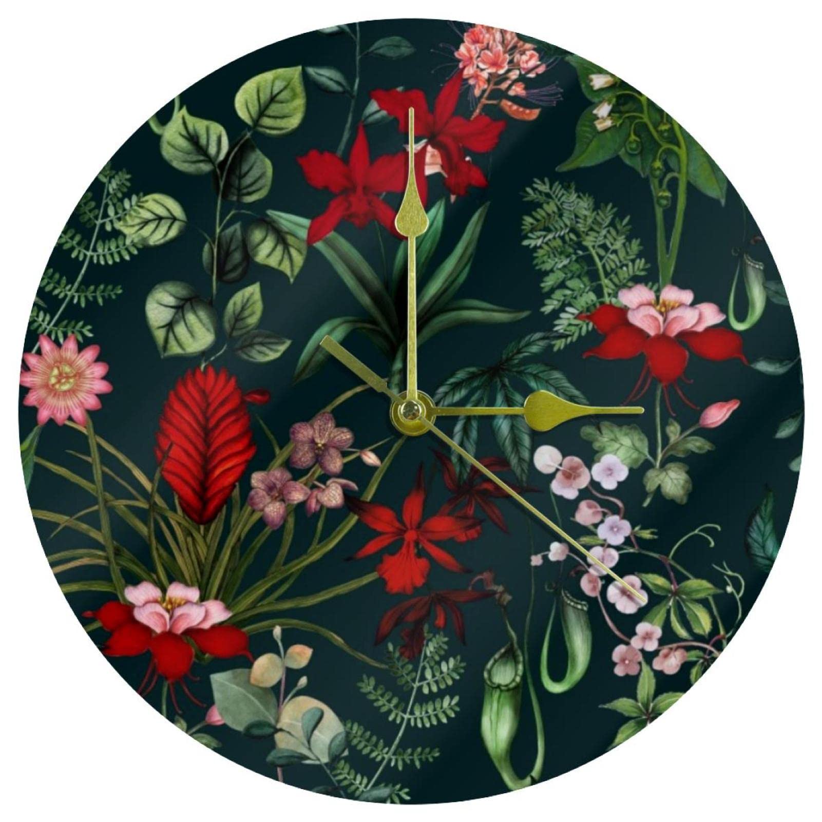 Horloge murale en acrylique de 24 cm au motif floral tropical pour maison
