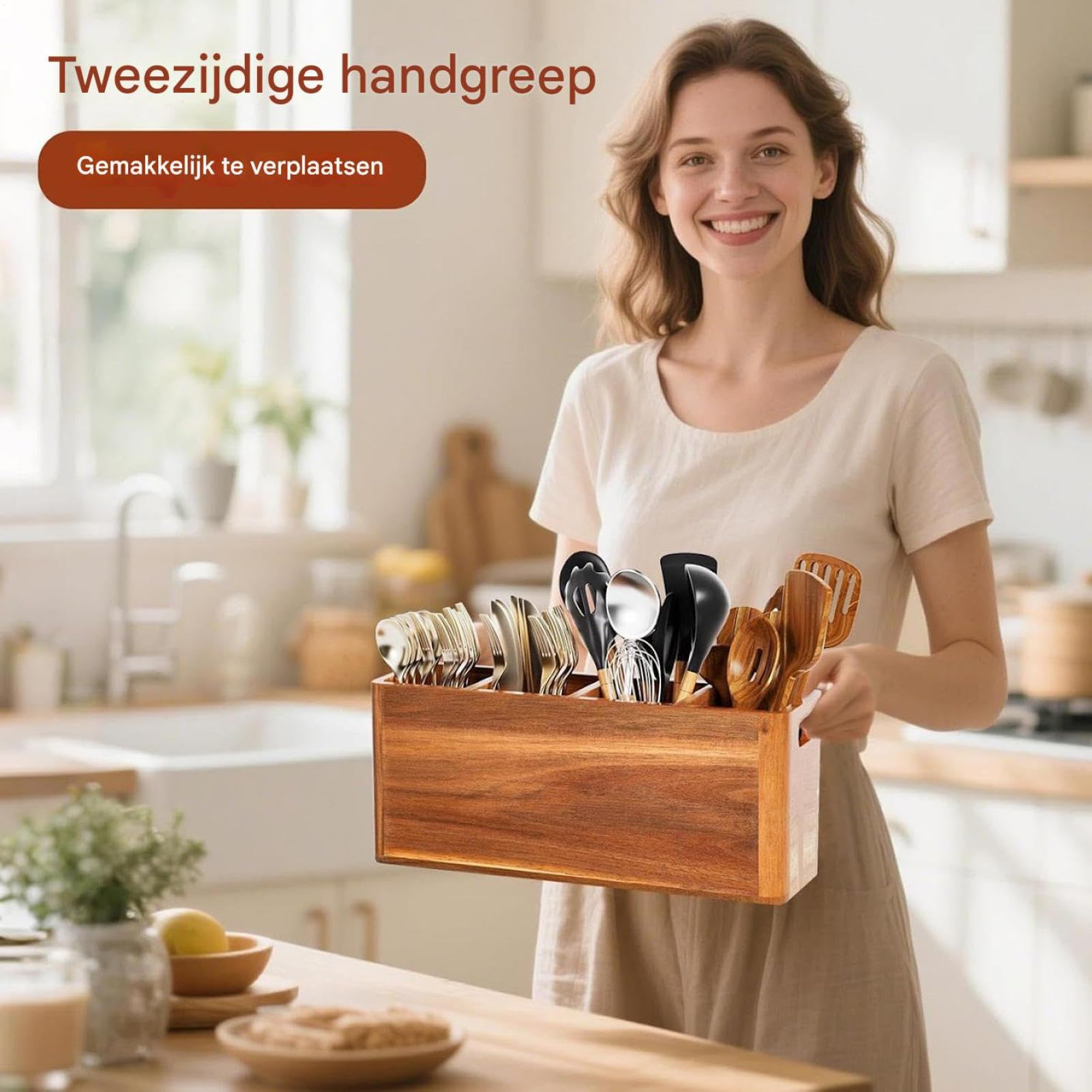 Portaútensiles De Cocina Compartimento Madera Rústico Antideslizante | Organizador De Madera Para Cocina Para Cubiertos Cuchara Espátula Utensilios Para Cocinar Estilo Rústico