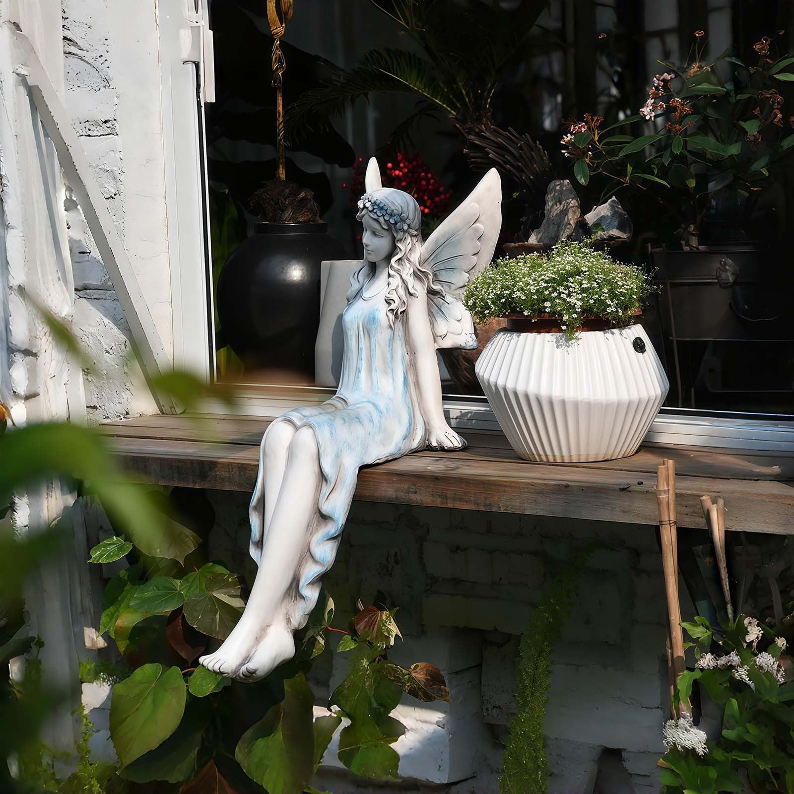 Grande statua da giardino delle fate, 62 cm, statua di fata seduta per esterni, in resina, scultura in resina per patio, cortile, portico, decorazione per la casa