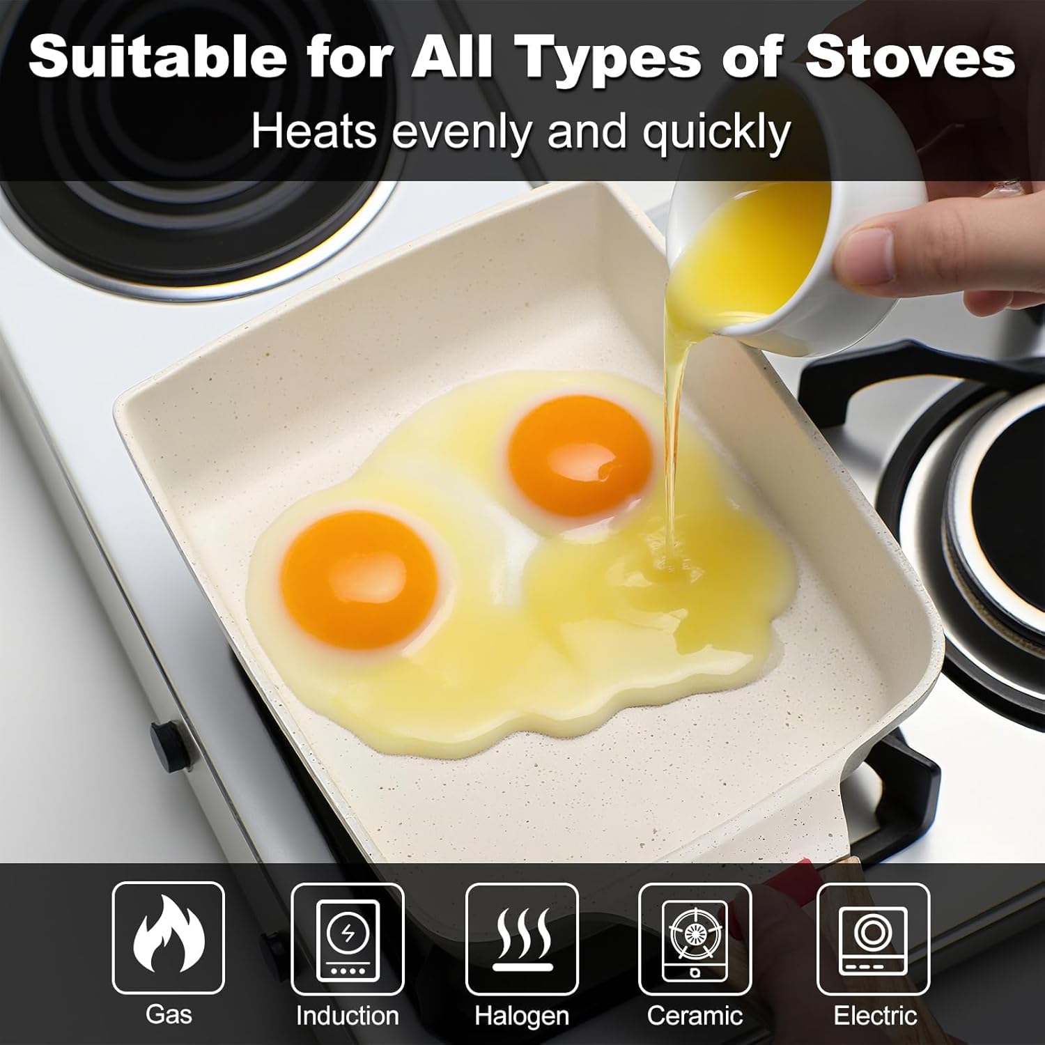 Japanese Tamagoyaki Pan Nonstick Square Frying Pan with Removable Handle and Silicone Spatula – Japanese Omelette Pan for Egg Roll, Induction, Gas, and Oven Safe (Beige) - Image 6