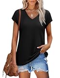 Womens Summer Tops 2025 Cap Sleeve Trendy V Neck Loose Fit T Shirts
