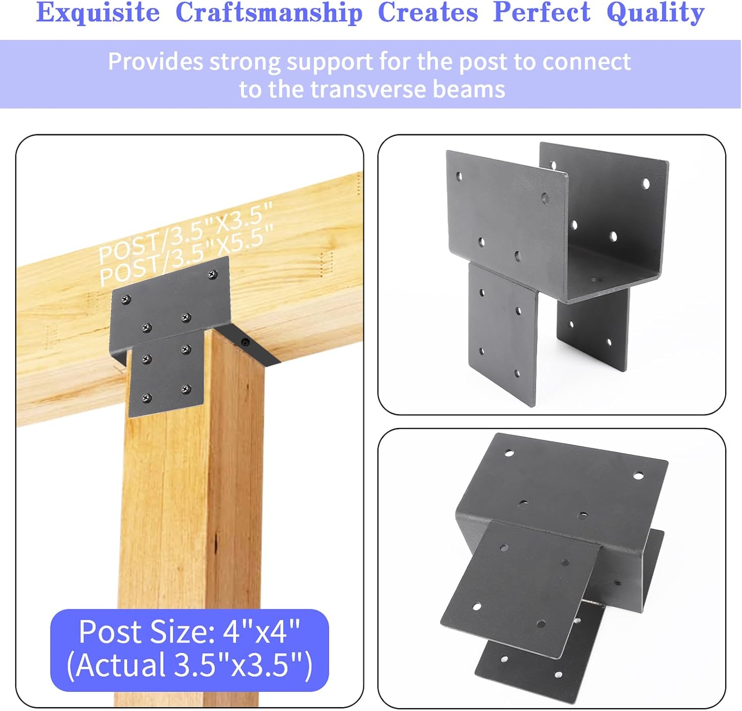 4x4 (Actual 3.55"x3.55") Post Caps Tie Bracket,1PC Heavy Duty Galvanized Steels Pergola Connector Brackets for Wood Posts,Black Post Anchor Inside Mount Bracket