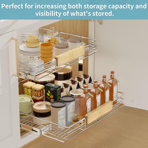 Miniatura 5 de LOVMOR Organizador de armario extraíble de 2 niveles de 25 pulgadas de ancho x 21 pulgadas de profundidad, cajones deslizantes con mango de madera,