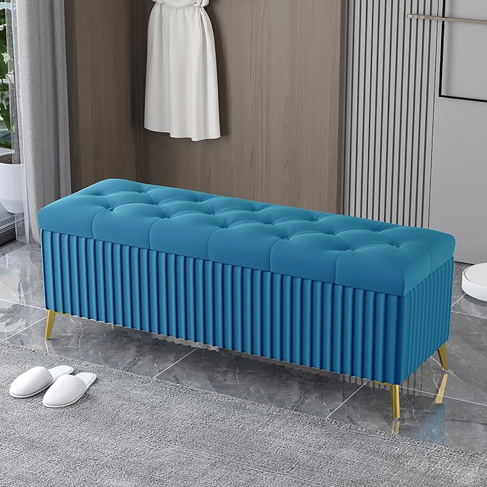 Banc de rangement en velours avec plateau rabattable pour bout de lit
