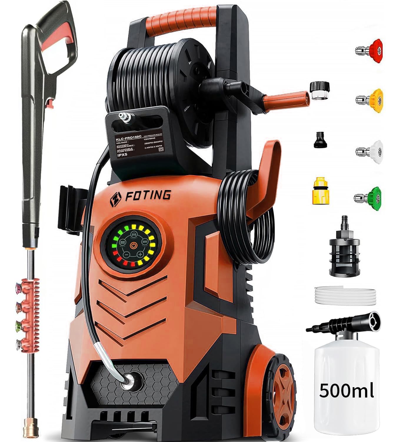 Pressure Washer 5000PSI with Adj-8-Level Touch Screen, 34" Tall Power Washer, 4 Quick Connect Nozzles, Inlet Hose&Filter&500mlFoam Cannon for Cars/Fences/Driveways, Red