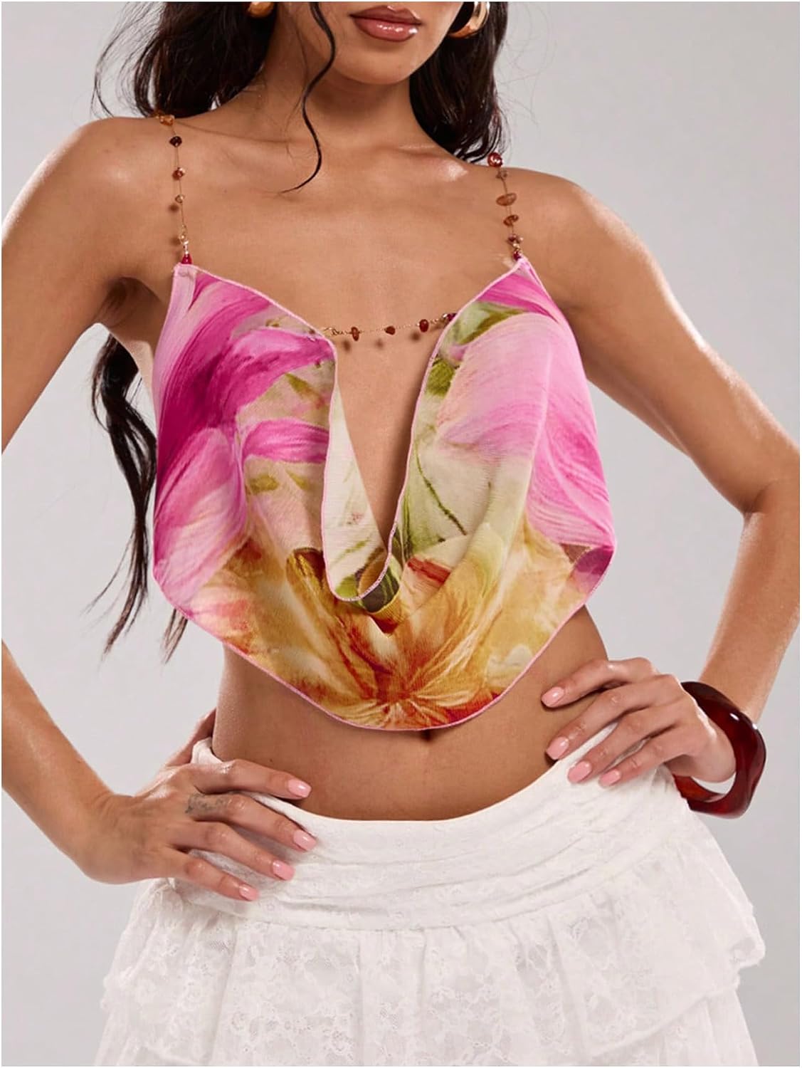 RoseSeek Women's Boho Floral Beaded Chain Camisole Top Backless Draped Neck Sleeveless Low Cut Crop Tops