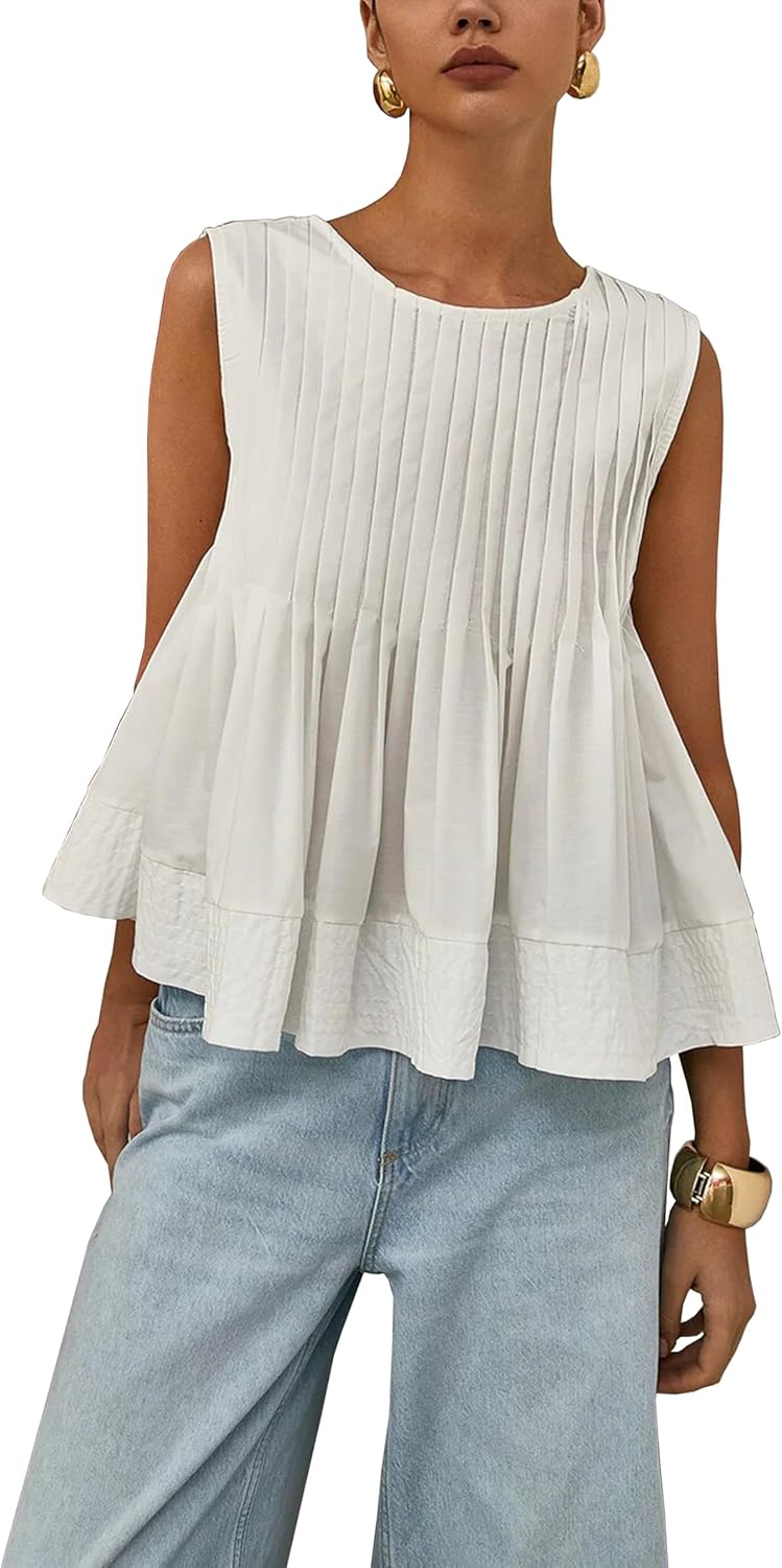 Women's Summer Pleated Peplum Shirt Y2K Babydoll Blouse Casual Sleeveless Crew Neck Tops