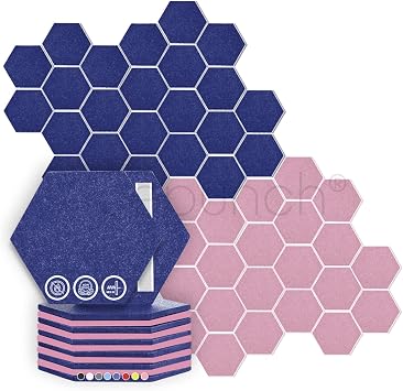 48 pieces Multi-Purpose Strong Adhesive Hexagon Felt Acoustic Wall Panel Memo DIY Pin Board Art for Office, Studio or Home Decoration 6.7 X 7.9 X .04in Blue & Burgundy AP1224