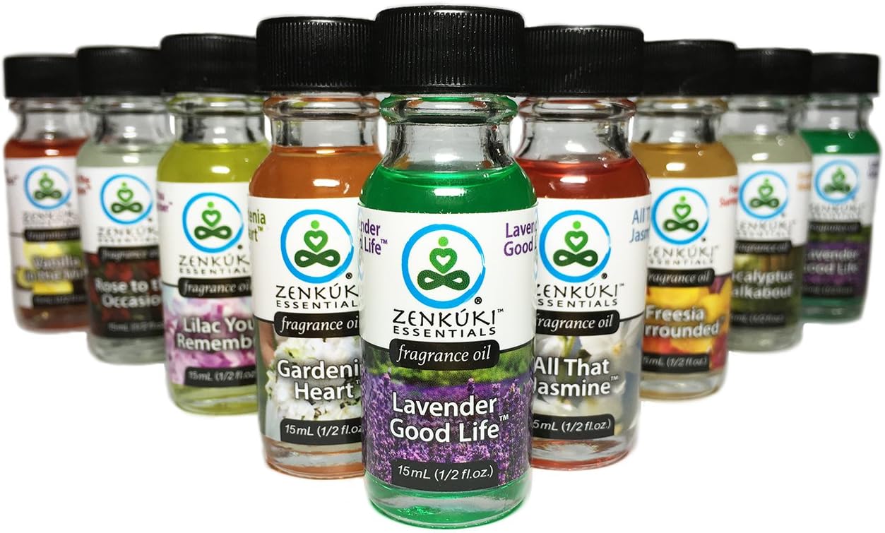 Set of Nine Bottles of Zenkuki Essentials 15mL Premium Grade Fragrance Oils - “Floral” Variety Set A Including 3 eyedroppers