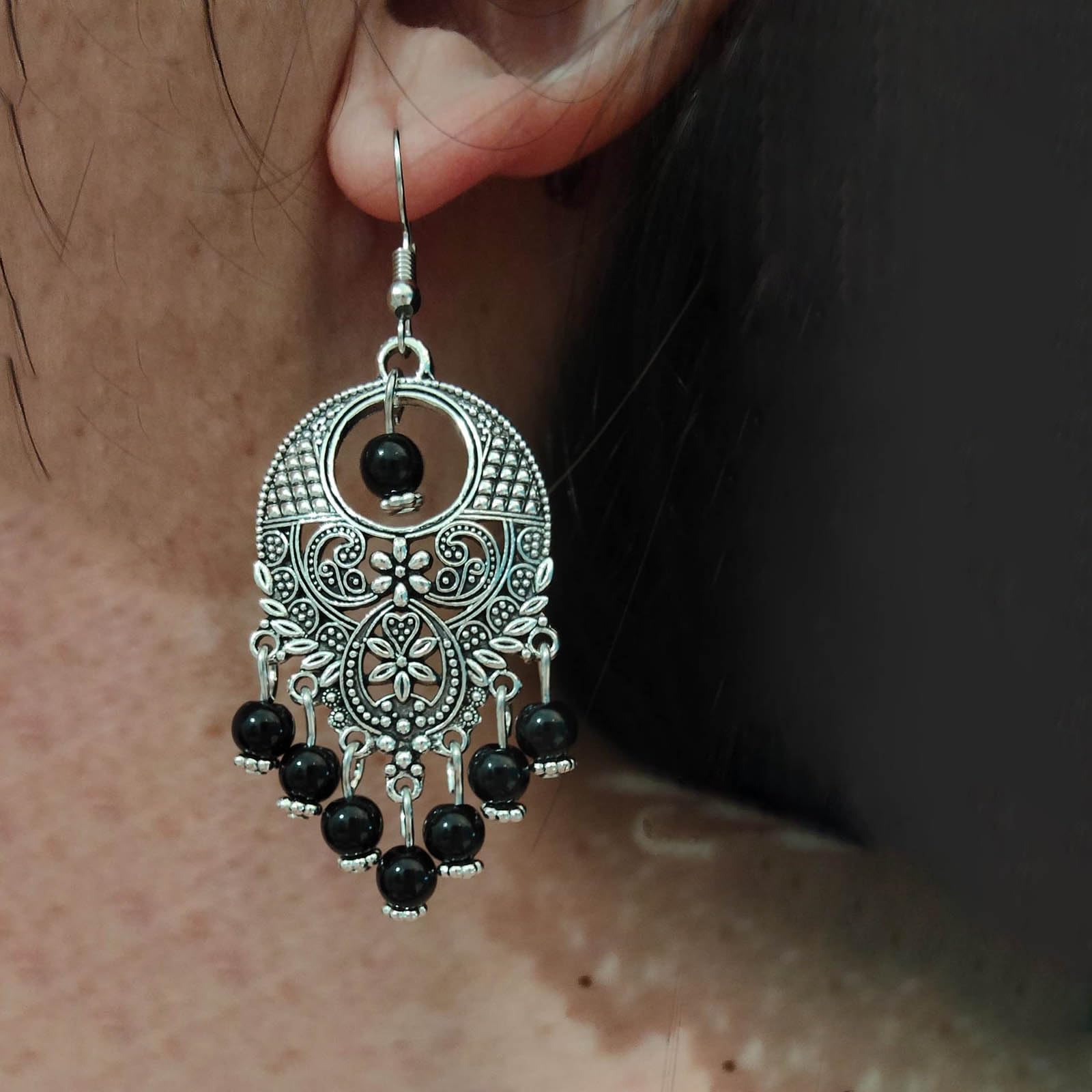Orecchini Pendenti A Goccia Vintage Boho - Perla E Nappe - Etnici Zingaro - Regalo Donna - Colore Argento