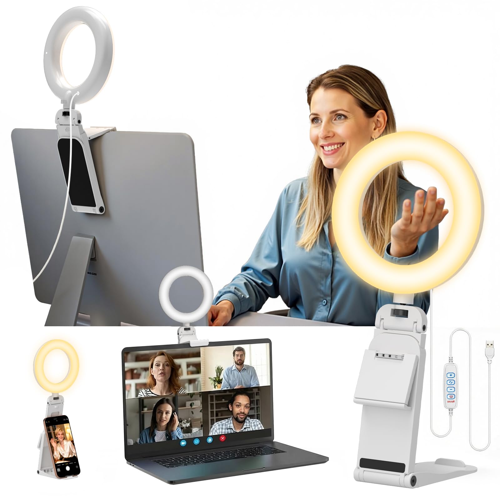 Evershop 5'' LED Ringlicht mit Stativ & Handyhalter,3 Lichtfarben 10 Helligkeitsstufen, 360°Drehbar Ring Light Dauerlicht, Kompatibel mit Laptop Handy PC,Für Tiktok Zoom YouTube Stream Videokonferenz