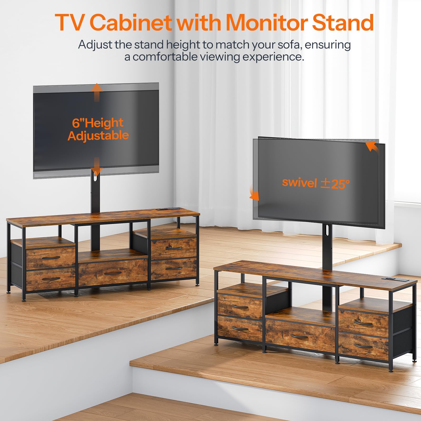 HOOBRO TV Stand with Mount and Power Outlet, for 32/45/55/60/65 inch TVs, Swivel Led Entertainment Center with Drawers, Adjustable Media Console for Living Room, Bedroom, Rustic Brown BF130UDDS01