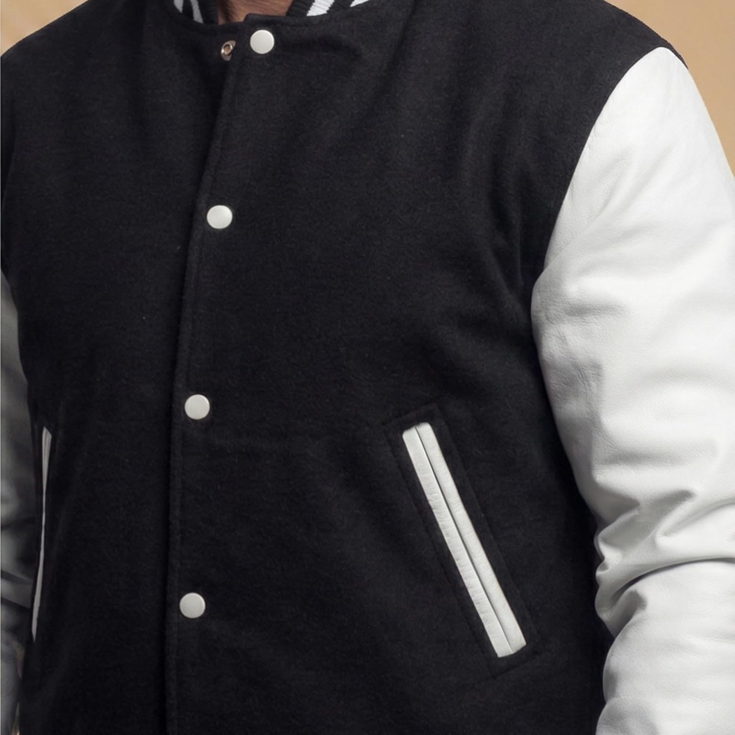 Men's Black Varsity Jacket Genuine White Leather Sleeves Wool Blend Letterman College Bomber Coat XS-3XL