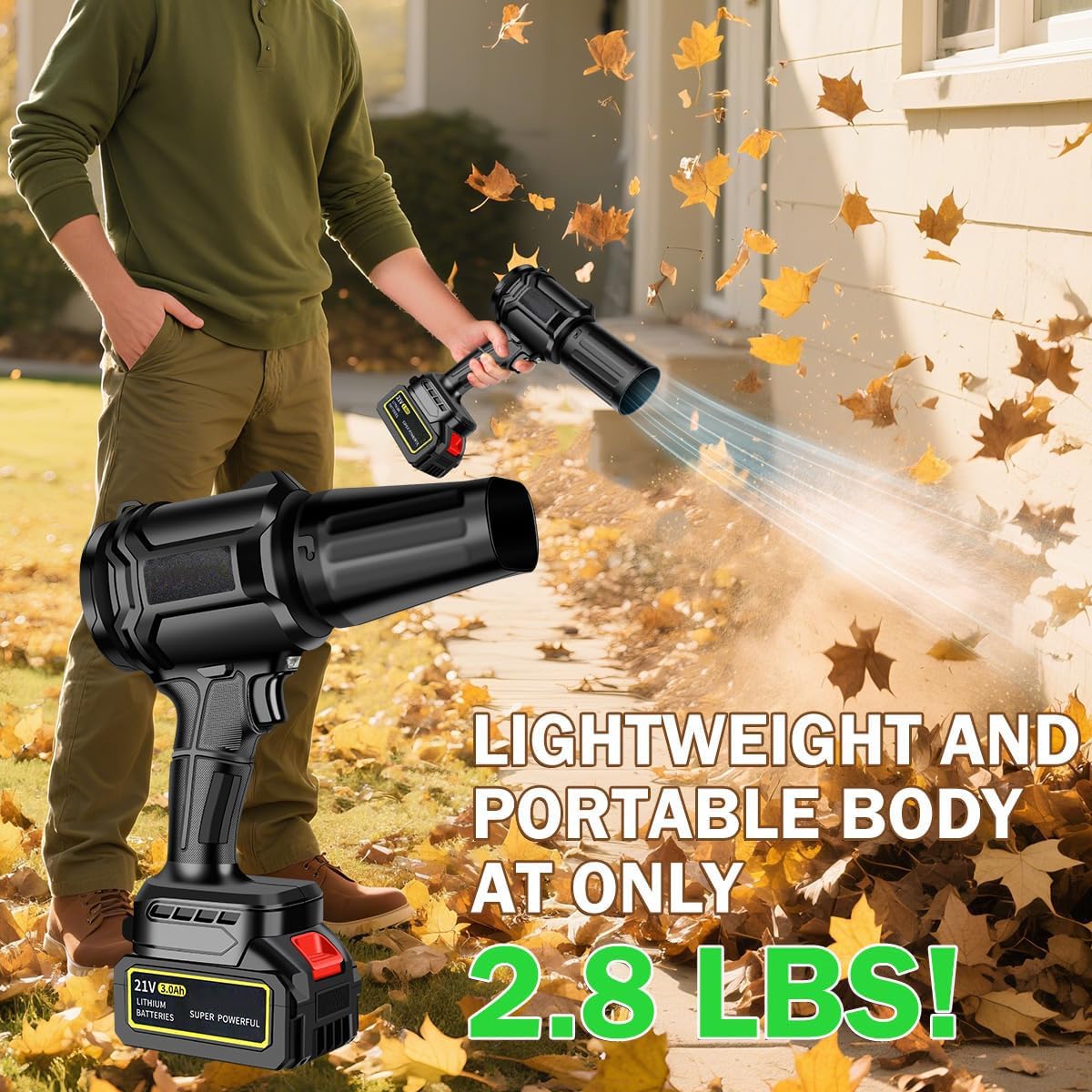 Ventola turbo da 3000 W, a batteria, con 2 batterie, 30.000 giri/min, motore senza spazzole, soffiatore elettrico per foglie, neve e polvere, regolabile in modo continuo (nero)