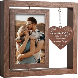 5th Year Anniversary Picture Frame for Couples - Personalized Rotating Wood Photo Frame with Gift Box - Unique Wedding Gift for Him, Her, or Couples - Romantic Keepsake