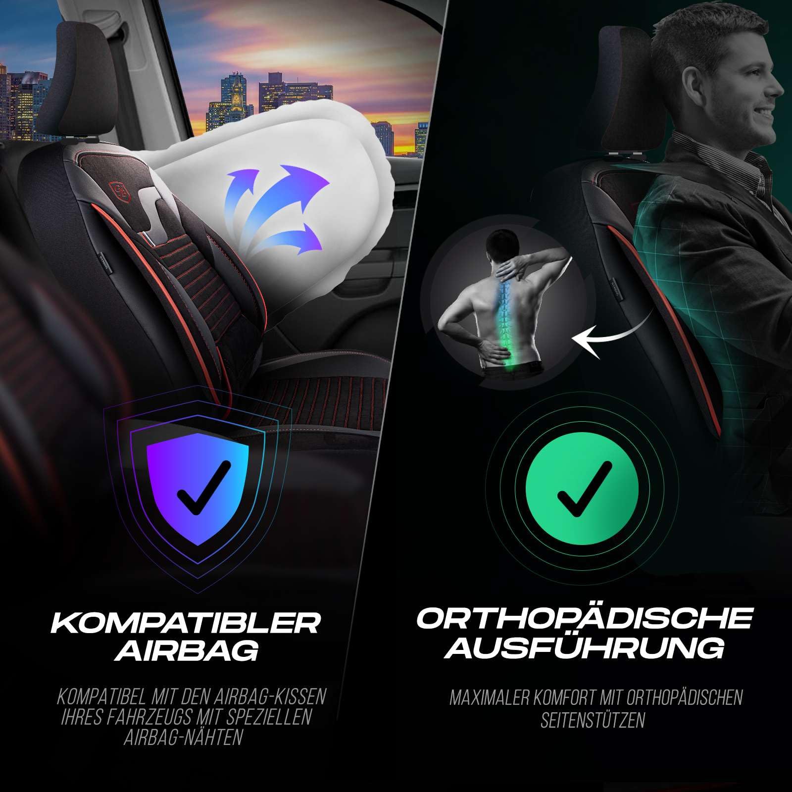 Autositzbezüge Universal für PKW & SUV – Premium Vordersitze Auto Sitzbezug aus Velours, Schwarz-Rot, Airbag-Kompatibel Sitzauflage, Autoschonbezug, Vordersitz-Set inkl. Montageset