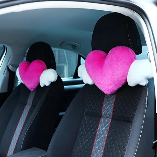Miniatura 1 de Macarrie 2 almohadas de felpa en forma de corazón con alas de ángel, almohada para reposacabezas de automóvil, almohada suave y cómoda para asiento