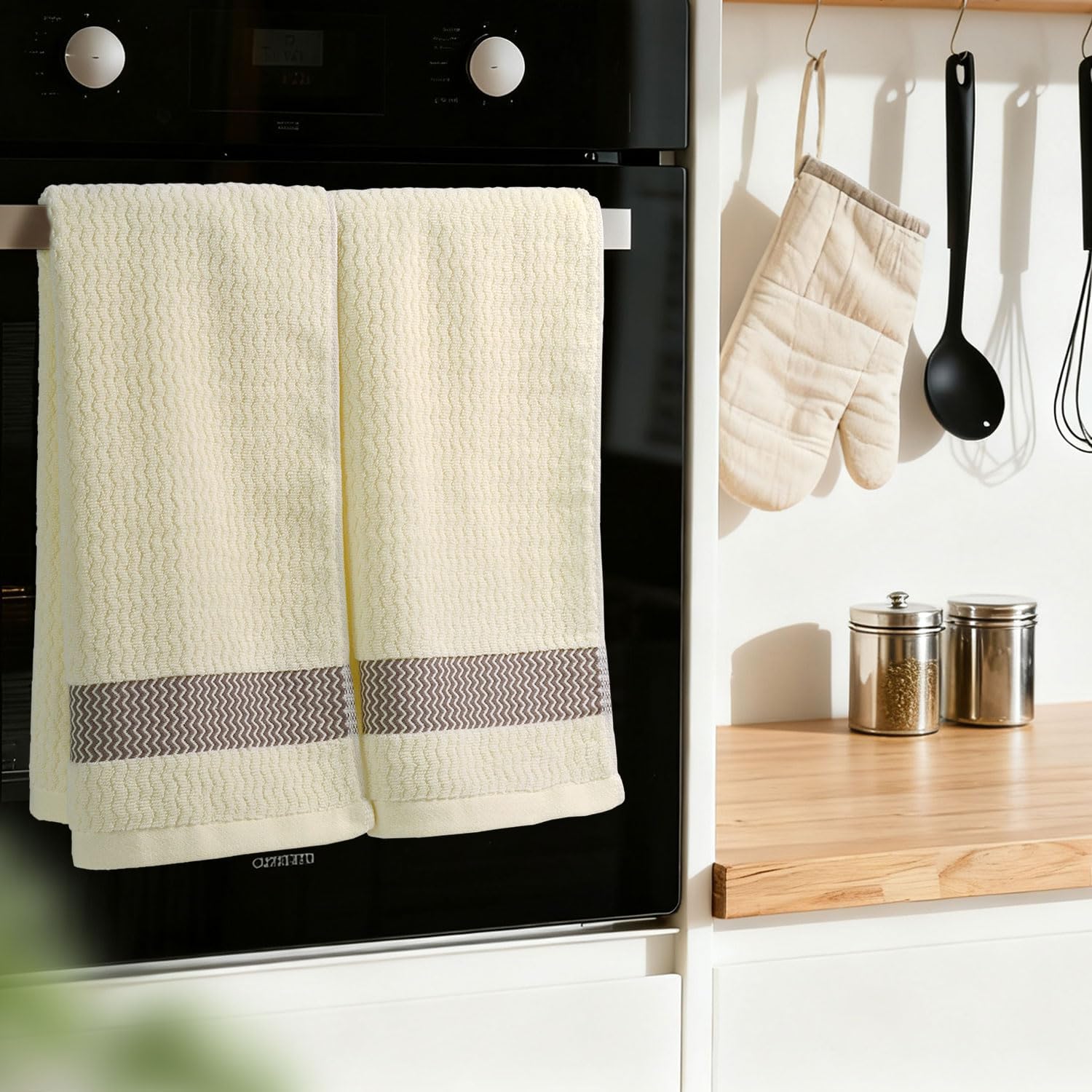 Cleanbear Hand Towels Set of 2, 100% Cotton Soft Absorbent Towels with Wavy Jacquard Border for Bathroom & Kitchen Decor, Cream, 13 x 29 Inches - Image 5