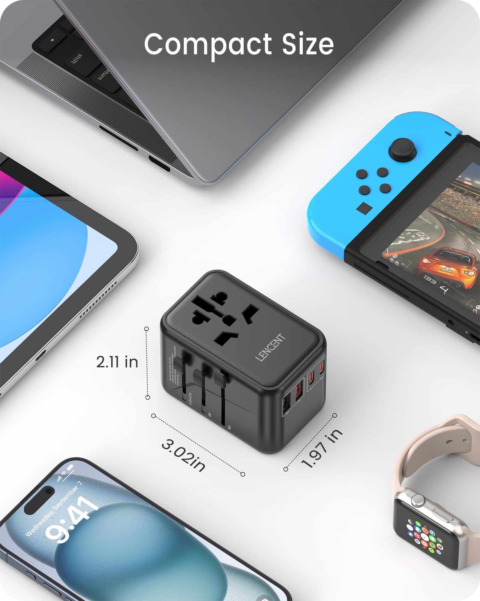 LENCENT Adattatore da Viaggio Universale, GaN3 65W Caricatore Presa | con 2 QC4.0 USB-A+ 2 PD3.0 USB-C PPS a Ricarica Rapida, Adattatore Presa AC in Tutto il Mondo, Spina di USA/UK/EU/AUS