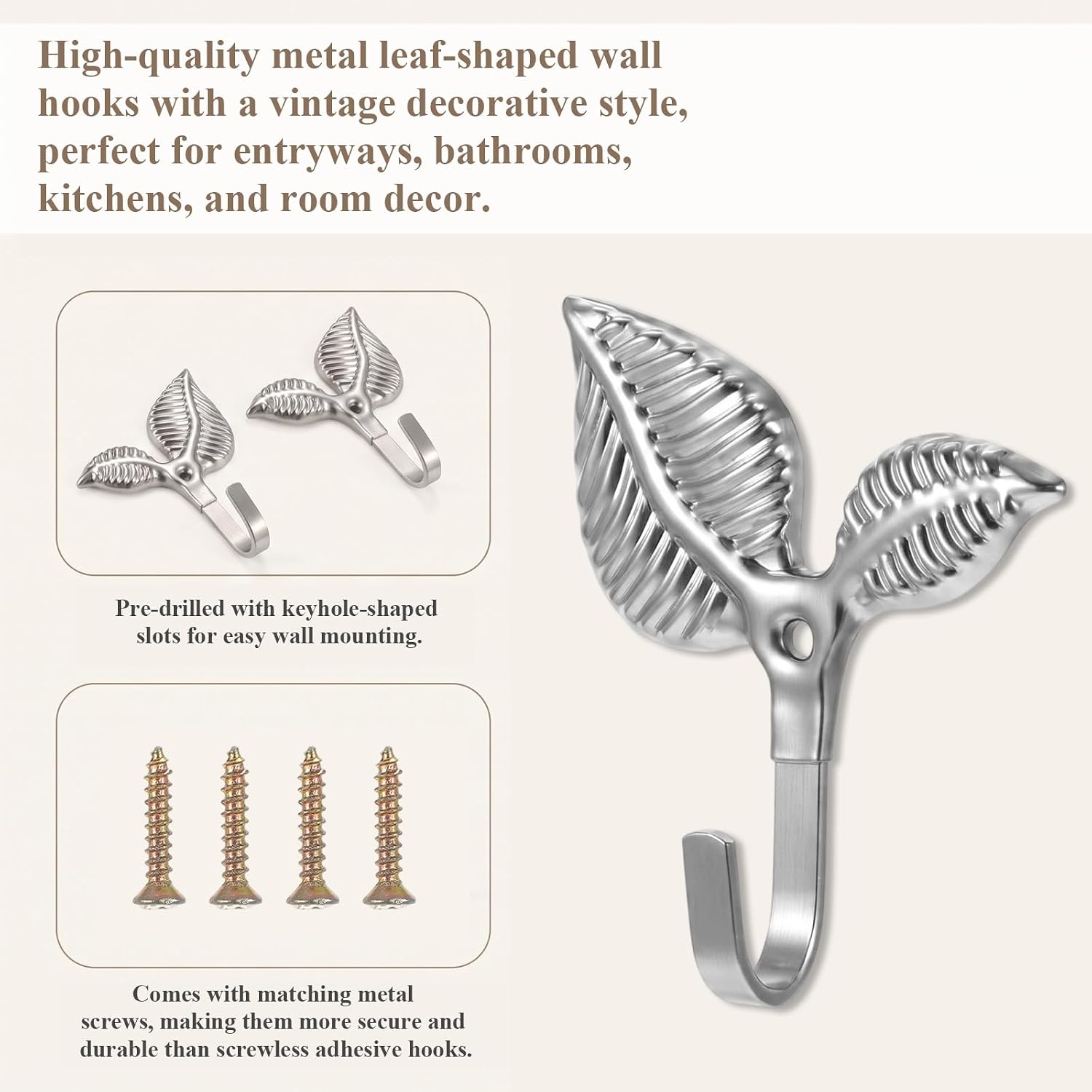 Iron Leaf Wall Hooks 6Pcs, Silver Leaf-Shaped Rustic Single Hook Heavy Duty Decorative Iron Hook Wall Mounted Hangers for Hanging Coat, Key, Bag, Towel, Home Decor for Kitchen Bathroom Entryway