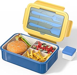 Bento Lunch Box for Kids, 1400 ML Bento Box Adult Lunch Box for Men Women with Cutlery & Salad Dressing Container To Go, Leak-Proof Meal Prep Container for Work School Travel, No BPA, Microwave Safe