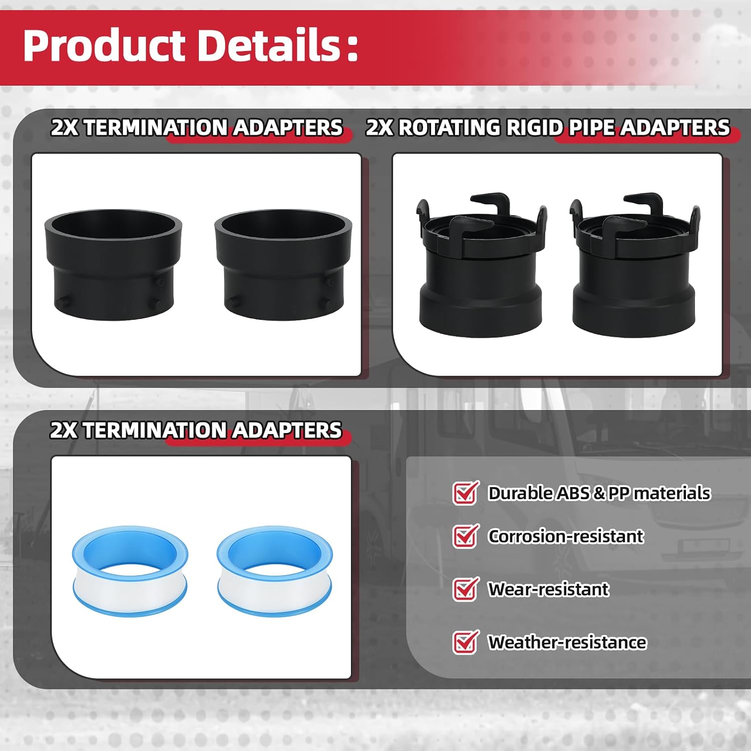 2 Pack RV Sewer Hose Fitting Adapter Kit to PVC, 3 Inch Rotating Pipe & Termination Adapters for RV Camper Sewer Hoses, Includes Thread Seal Tape