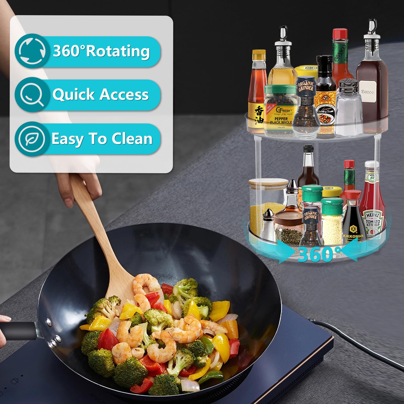 MXTIMWAN Organizer Girevole 2 Livelli | Portaspezie Rotante 360° | Diametro 23cm | Con 5 Clip Per Alimenti