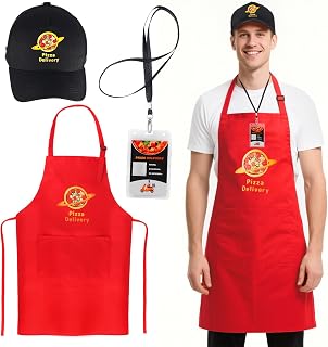 Yewong Adults Pizza Delivery Guy Costume Accessories Set - Hat Apron ID Badge Prop for Halloween Party Career Day Cosplay