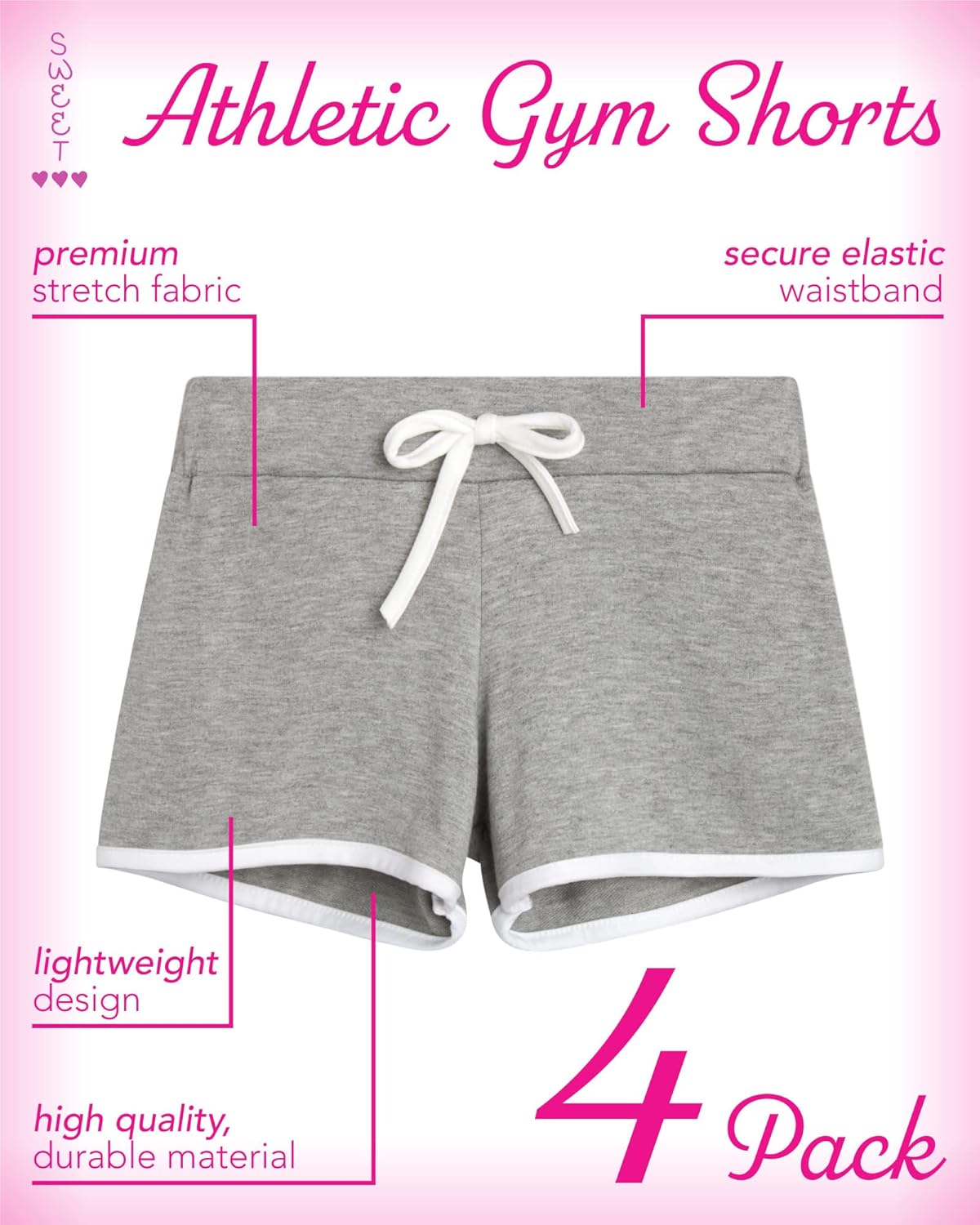 Sweet Hearts Girls Athletic Shorts - 4 Pack French Terry Gym Dolphin Shorts Volleyball Short for Girls: Made in USA (7-16) - Image 2